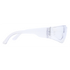 Clear frameless safety glasses with translucent white temple, left side view