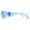 Blue frameless safety glasses with blue temple, left side view