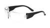 Frameless safety glasses with clear lens and black temples, side view