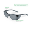 Black wraparound safety glasses with smoke lenses, angled front view