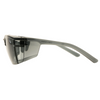 Gray wraparound safety glasses with smoke lenses, angled side view
