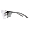 Gray wraparound safety glasses with clear lenses, left side view