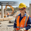 Construction worker wearing frameless safety glasses, orange safety vest, and yellow hard hat at jobsite
