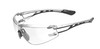 Clear lens wraparound safety glasses with black temple tips, angled front view