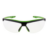Safety glasses with clear lens and black frame with lime green accents, front view