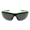 Wraparound tinted safety glasses with black and lime green frame, front view