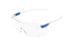 Clear lens frameless safety glasses with white and blue temples, angled front view
