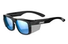 Black full-frame safety glasses with blue mirrored lenses, angled front view