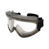 Indirect vent safety goggles with clear anti-fog lens and adjustable black elastic strap, angled front view
