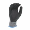 Gray knit safety glove with black palm coating, back view