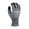 Gray knit safety glove with black coated palm and fingers, front view