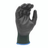 Black coated work glove with green knit cuff, palm view