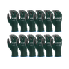 Pack of green knit work gloves with black coated palms and blue cuffs