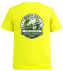 Back view of high-visibility safety-yellow polyester T-shirt featuring a large Earth Day graphic printed across the upper back.