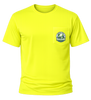 High-visibility yellow Earth Day T-shirt shown from the front, featuring a left chest pocket with a small full-color Earth Day graphic and Zing logo.