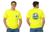 Male model wearing the high-visibility yellow Earth Day T-shirt, shown in side-by-side front and back views. The front features a left chest pocket graphic, while the back displays a large Earth Day design with the message “Together for a Greener Tomorrow” and Zing branding.