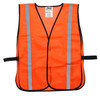 Front view of an orange high visibility mesh safety vest with two vertical reflective stripes, black trim, a hook and loop front closure, and elastic side straps