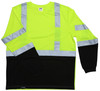 Front view of lime long sleeve high-visibility safety shirt with chest pocket, black lower panel, and silver reflective striping