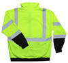 Back view of lime high-visibility full-zip hoodie with silver reflective striping and black cuffs and waistband