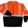 Front view of orange high-visibility full-zip hoodie with silver reflective striping, black lower panel, and front hand warmer pockets