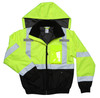High-visibility lime insulated bomber jacket with reflective tape, black lower body, concealed hood, and chest radio pocket with clear badge holder