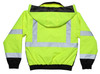 Back view of high-visibility lime insulated bomber jacket with silver reflective tape, concealed hood, and black elastic waistband