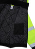 Interior close-up of high-visibility insulated bomber jacket showing black quilted liner and inner chest pocket