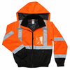 High-visibility orange insulated bomber jacket with reflective tape, black lower body, concealed hood, and chest radio pocket with clear badge holder