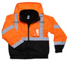 High-visibility safety orange jacket with reflective tape, concealed hood, mic tabs, badge holder, and black lower panel