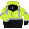 High-visibility safety lime jacket with reflective tape, concealed hood, mic tabs, badge holder, and black lower panel