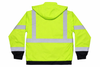 High-visibility safety lime jacket back with silver reflective tape, hood, and black lower hem