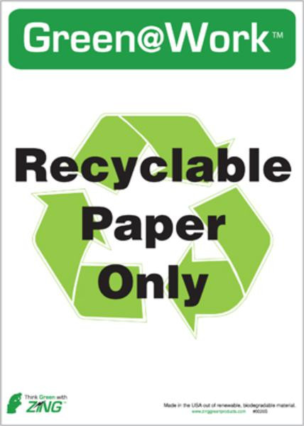 Paper Only Recycling Sign, Adhesive, 5/pk Zing