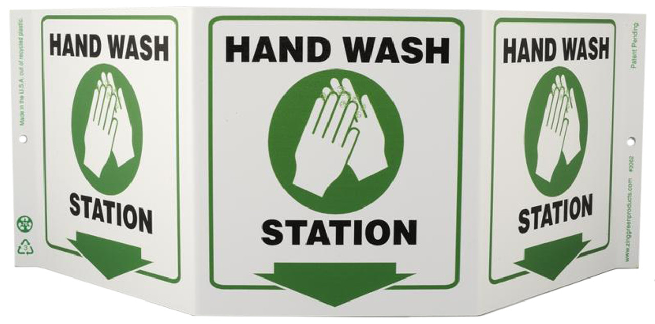 ZING 3062 Eco Public Facility Tri View Sign, Hand Wash Station, 7.5Hx20W, Projects 5 Inches, Recycled Plastic