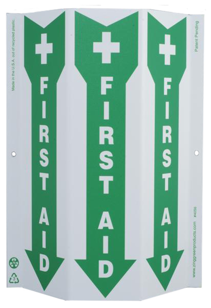 ZING 4056 Eco Safety Tri View Sign, First Aid, 12Hx9W, Projects 3 Inches, Recycled Plastic