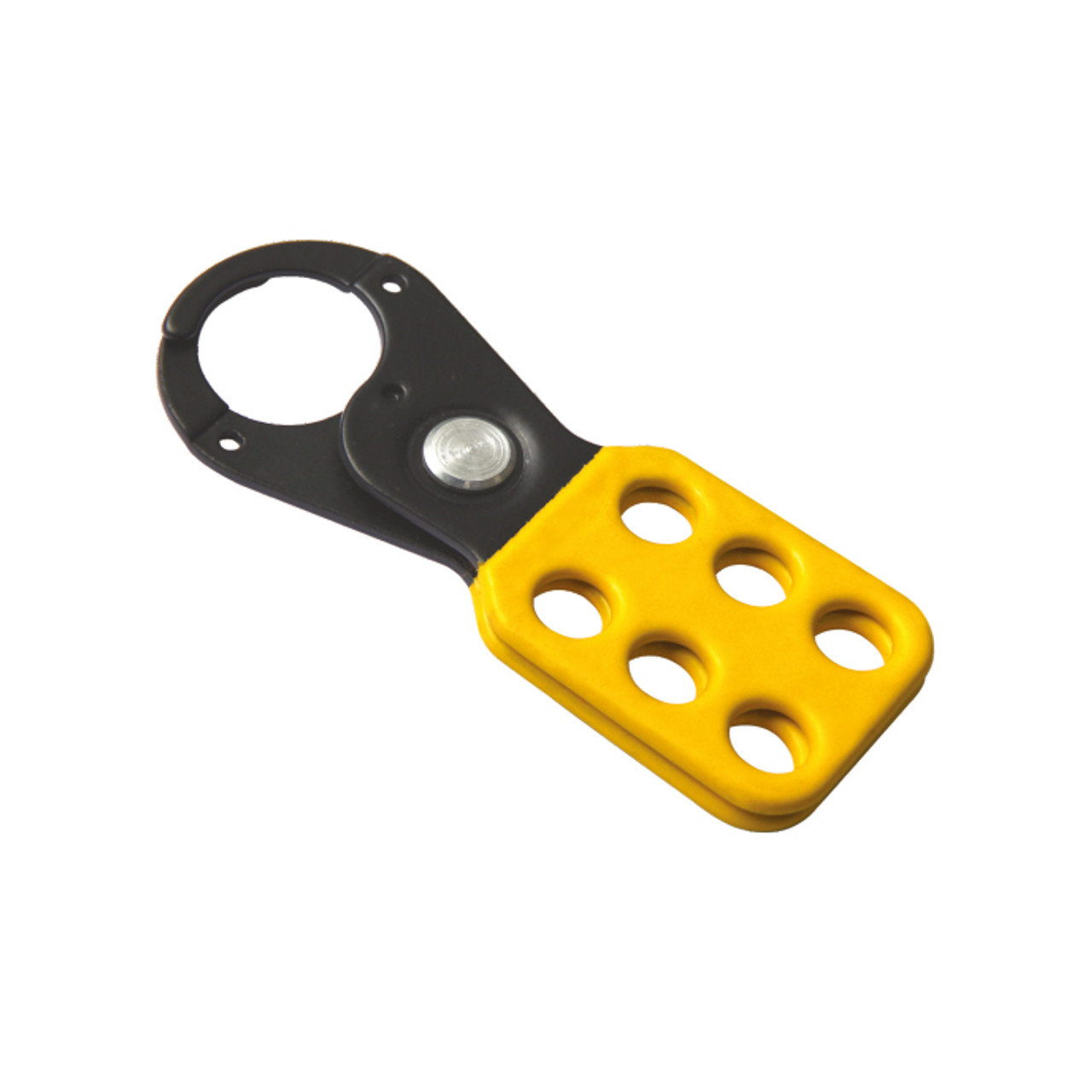 Coated Hasp, Steel,Black/Yellow, 1 in.,6-Hole, No Tabs