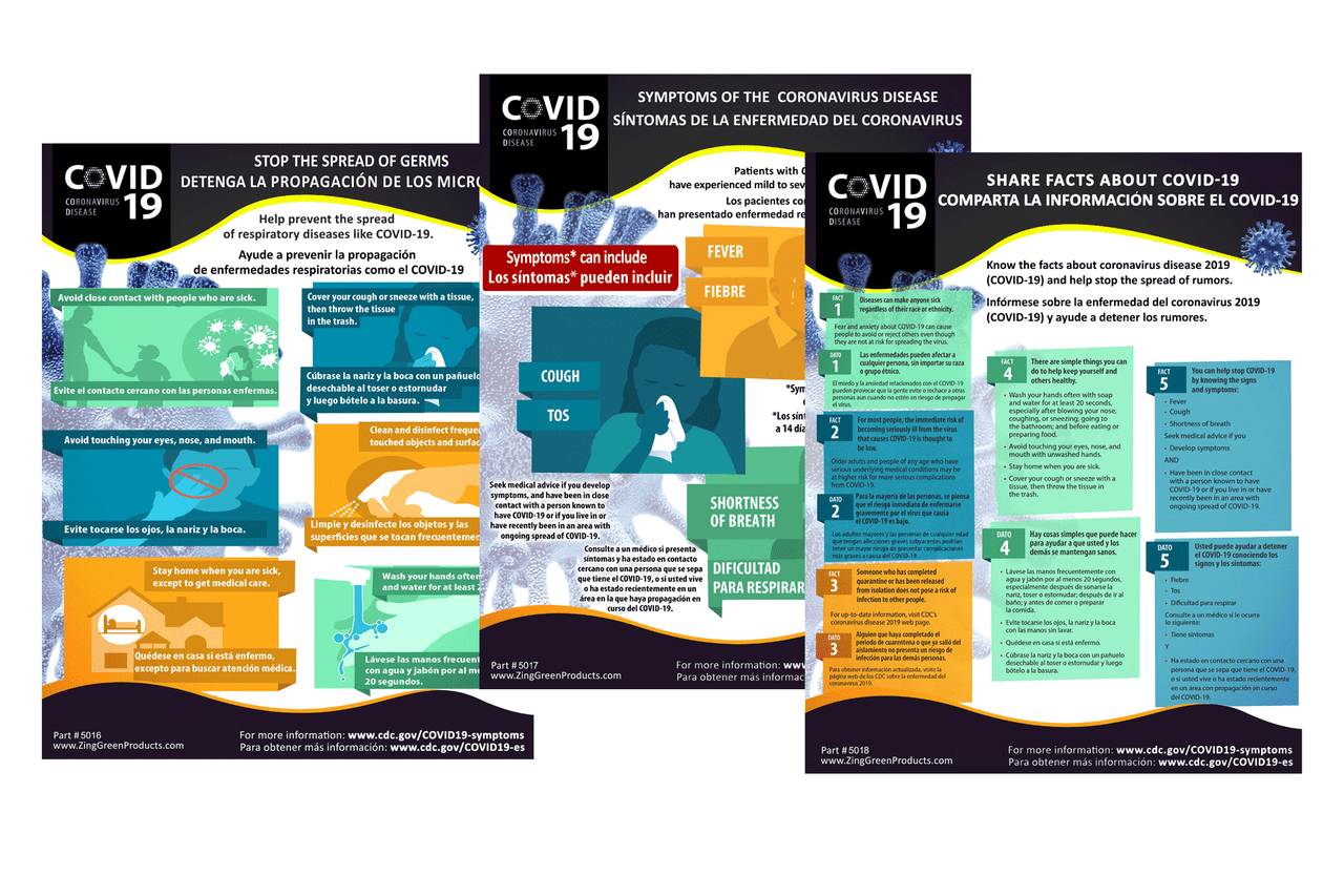 COVID19 Coronavirus Safety Posters, Set of 3, English/Spanish