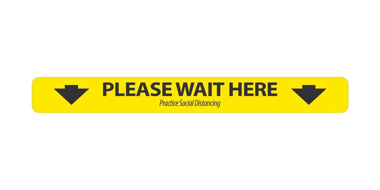 Social Distancing Floor Sign, Please Wait Here with Arrow, 2.25" x 20", 10/pk