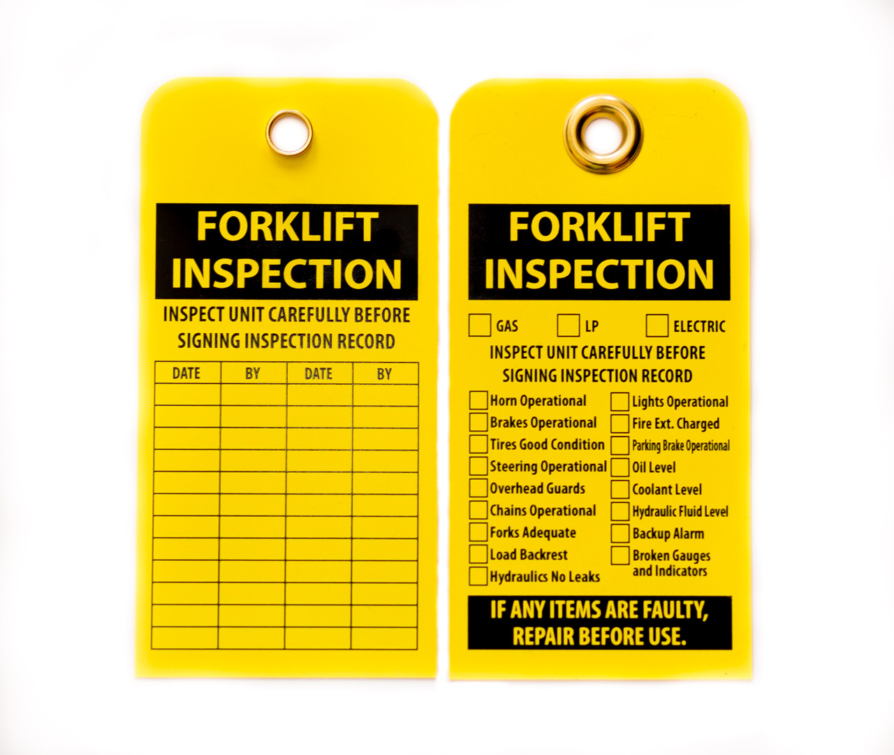 Forklift Inspection Lockout Tag, Yellow Plastic