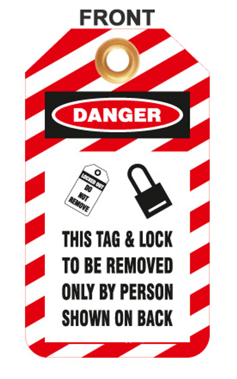 Lockout Tags, Lock and Tag, Plastic w/Brass Grommet - Red-White Striped , 10/Pk - Front