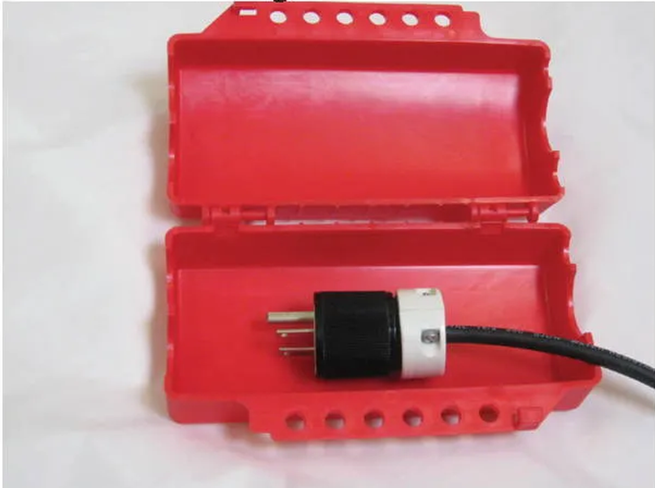 ZING 7294 Universal Plug/Forklift/Cylinder Lockout shown open with a small plug inside