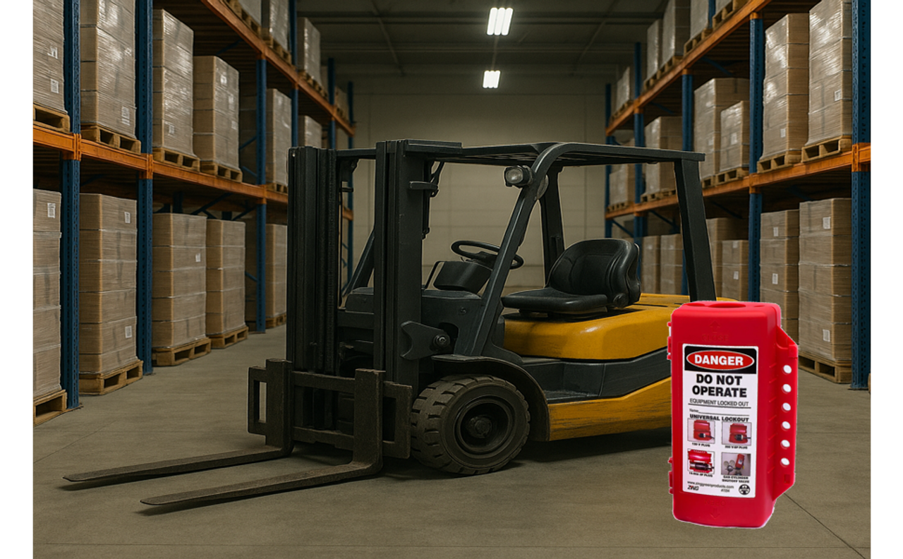 ZING 7294 Universal Plug/Forklift/Cylinder Lockout show in a lifestyle photo with a forklift