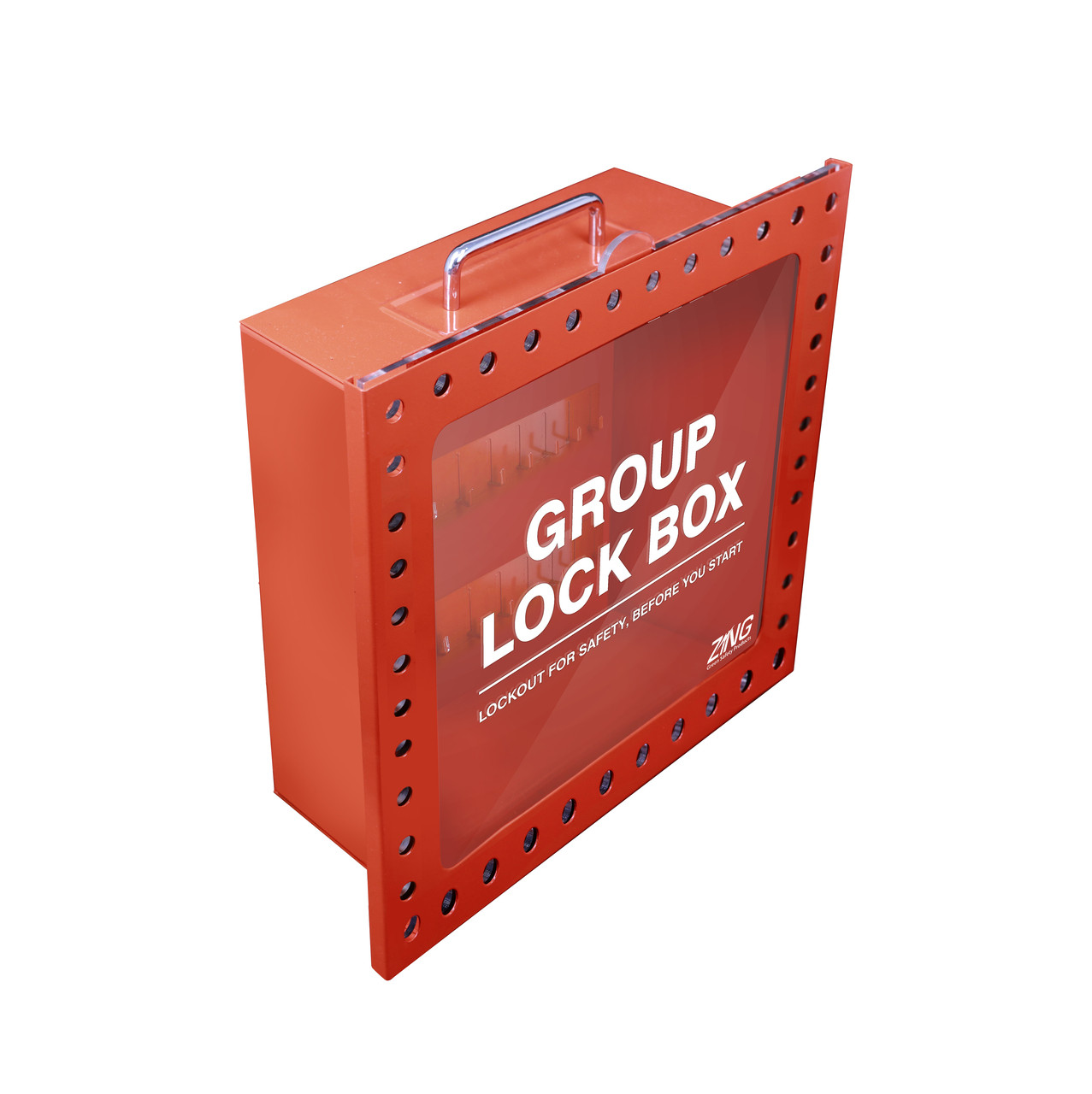 Group Lockout Box - 44 Hole Steel, Red, Sliding Clear Front #7819