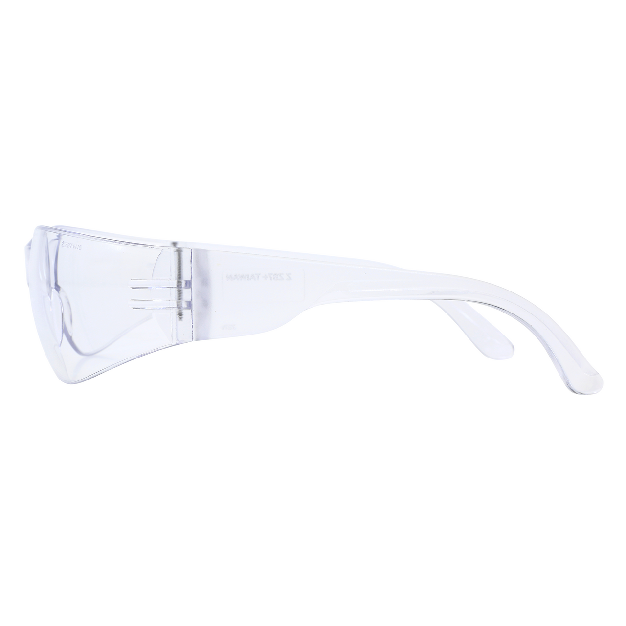 Clear frameless safety glasses with translucent white temple, right side view