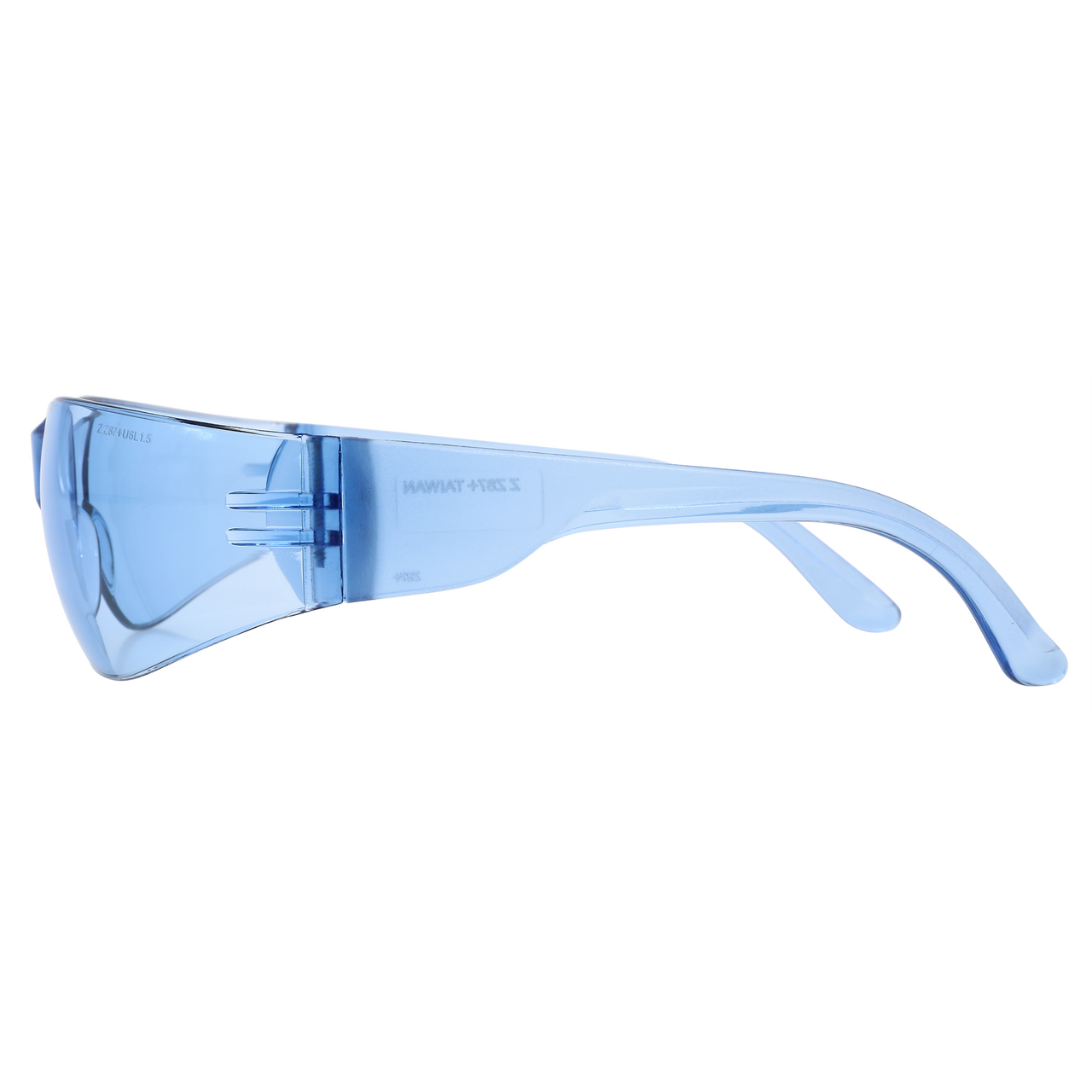 Blue frameless safety glasses with blue temple, left side view