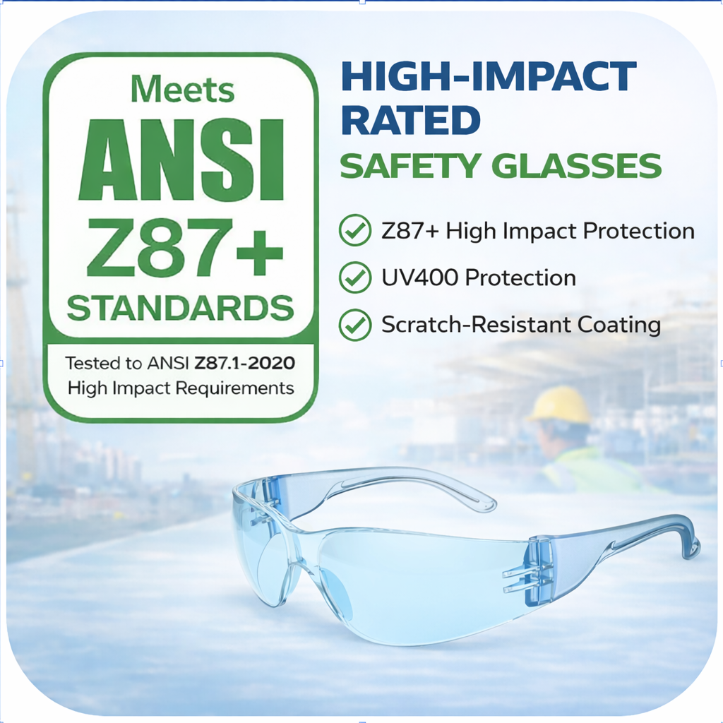 Promotional graphic for ANSI Z87+ safety glasses highlighting high-impact rating, UV protection, and scratch-resistant coating