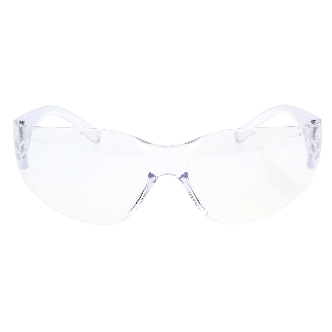 Clear frameless safety glasses with integrated nose piece, front view