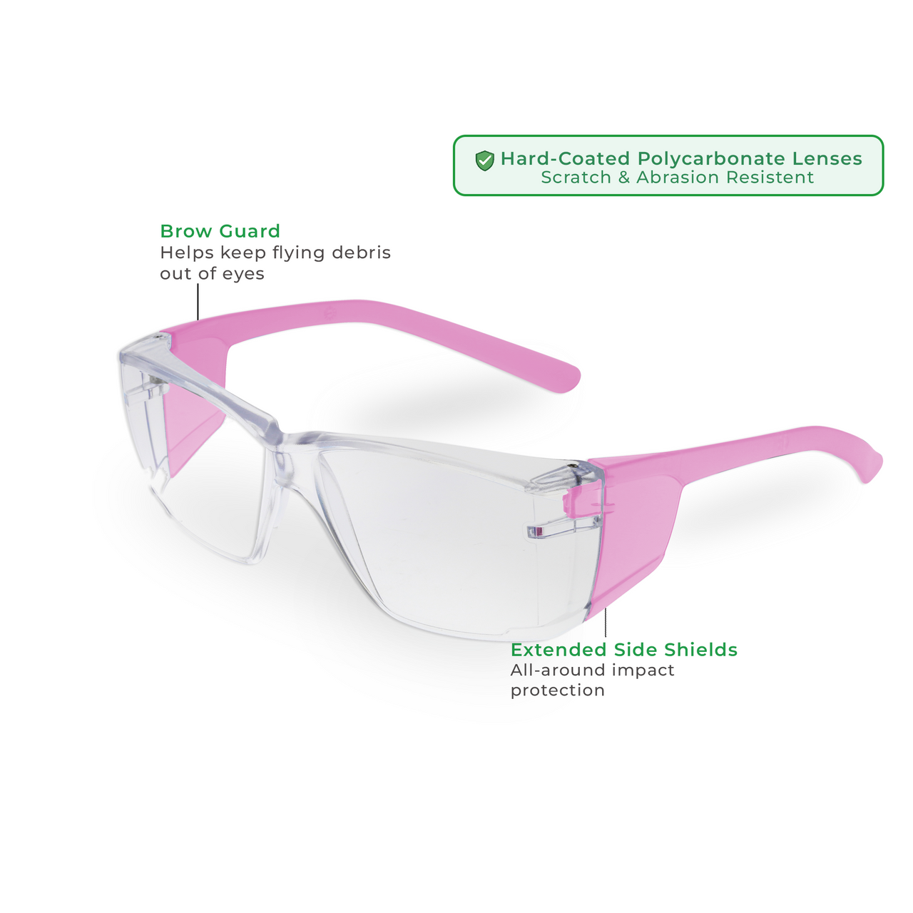 Pink wraparound safety glasses with clear lenses, angled front view