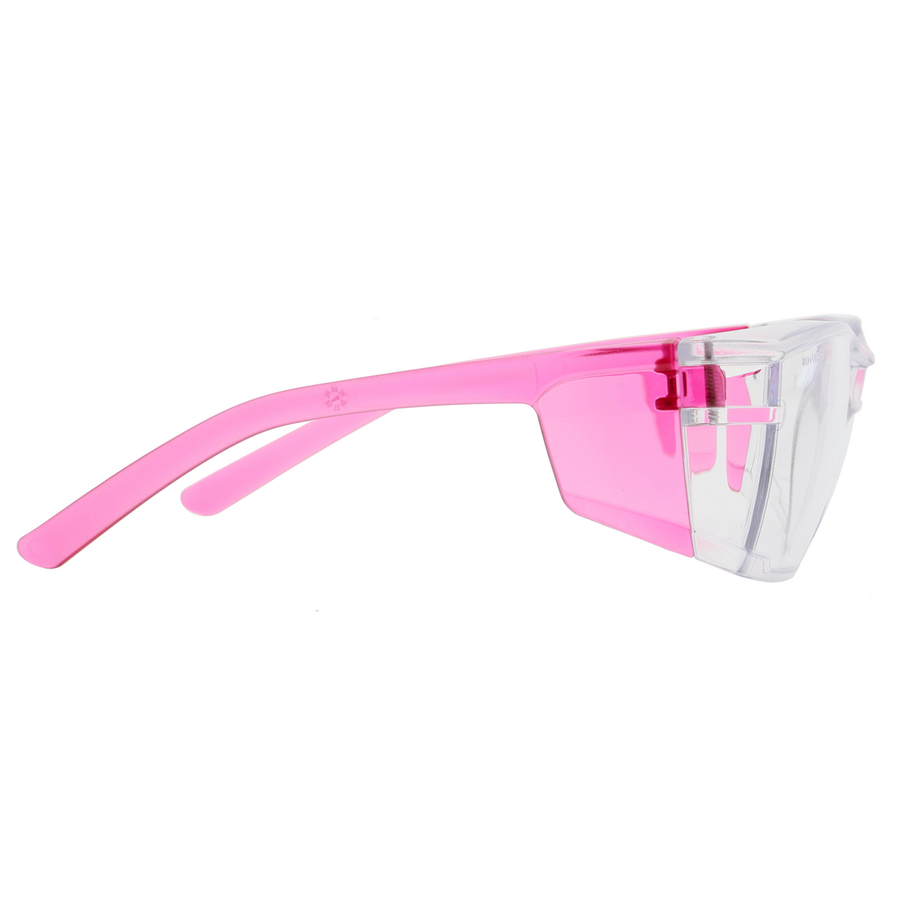 Pink wraparound safety glasses with clear lenses, right side view