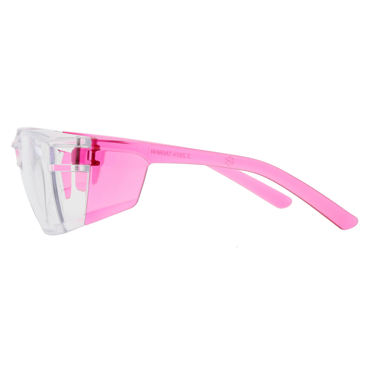 Pink wraparound safety glasses with clear lenses, left side view
