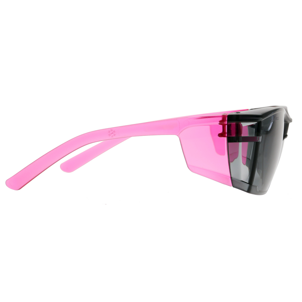 Pink wraparound safety glasses with smoke lenses, right side view